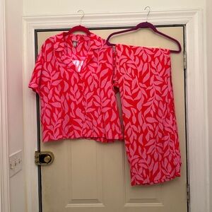 A New Day Pink Leaf Print Blouse and pant Set